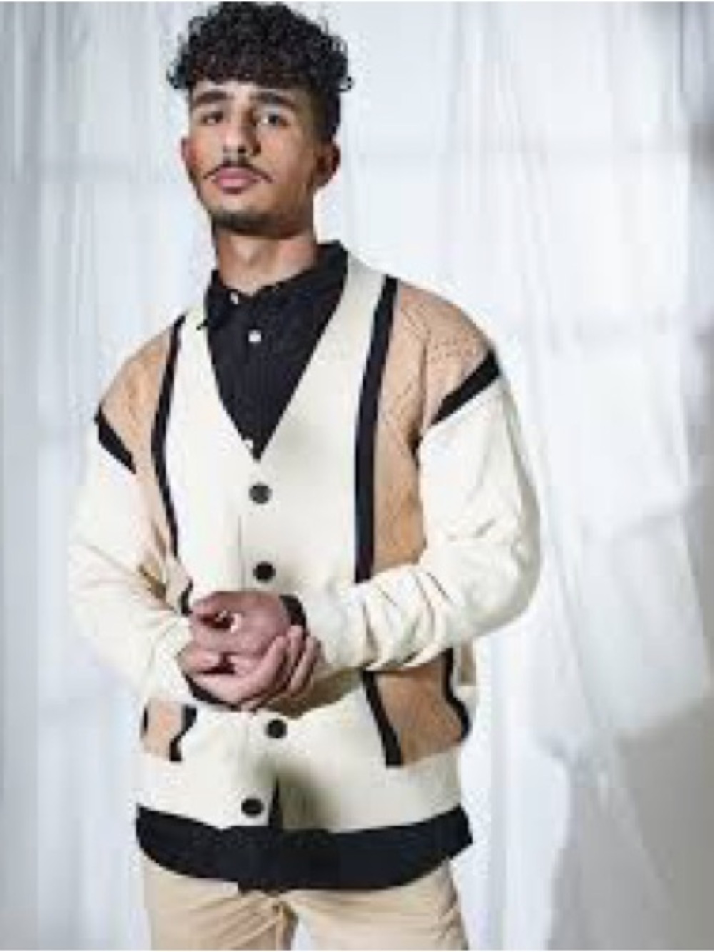 Men's Cream and Tan Button-Up V-Neck Cardigan YWFG